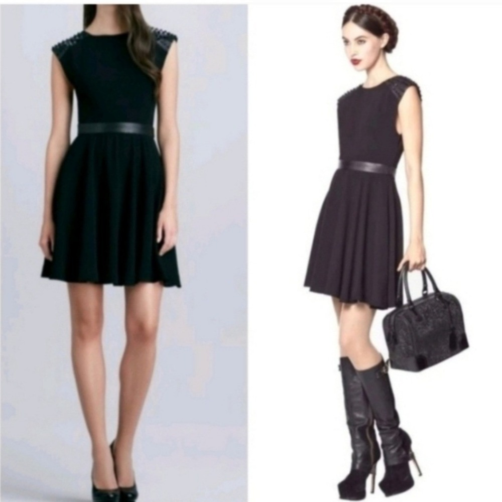 Alice + Olivia Kerry Black Studded Leather Shoulder Mesh Back Mini Dress Size M